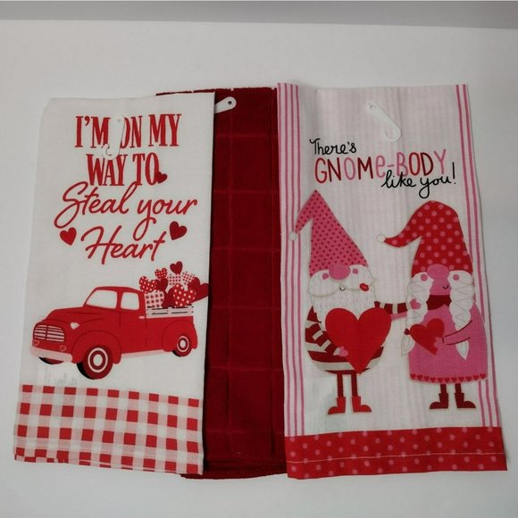 Kitchen Towels, set of 3, Valentine's Day, Flour Sack Tea Towel, Red Heart Gnome - Picture 1 of 1